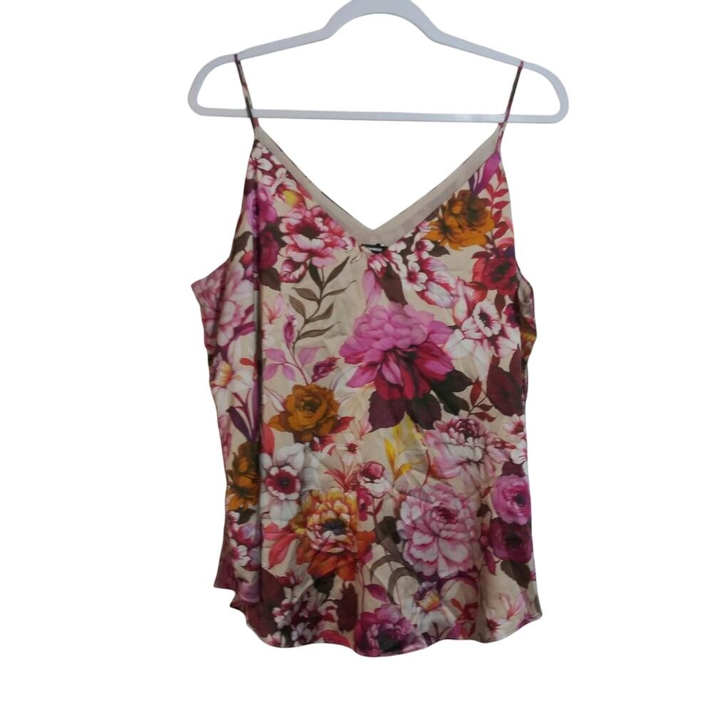 Express Floral V-Neck Spaghetti Strap Satin Cami in Pink, Yellow & Cream Sz XXL